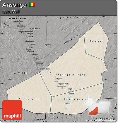 Shaded Relief Map of Ansongo, darken, semi-desaturated