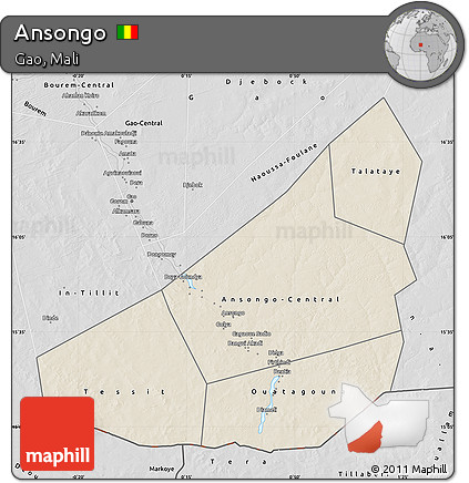 Shaded Relief Map of Ansongo, desaturated