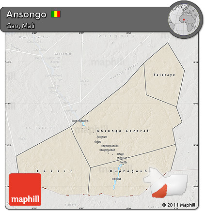 Shaded Relief Map of Ansongo, lighten, semi-desaturated