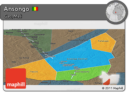 Political Panoramic Map of Ansongo, darken, semi-desaturated