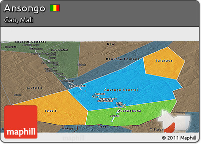 Political Panoramic Map of Ansongo, darken, semi-desaturated
