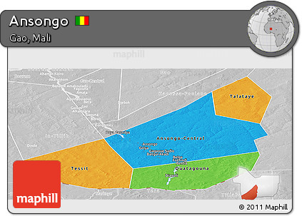 Political Panoramic Map of Ansongo, lighten, desaturated
