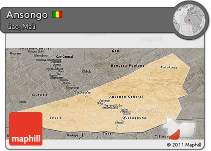 Satellite Panoramic Map of Ansongo, darken, semi-desaturated