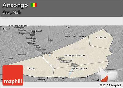 Shaded Relief Panoramic Map of Ansongo, darken, desaturated