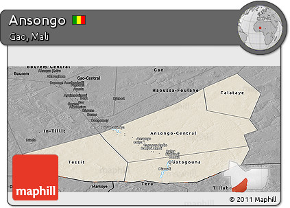 Shaded Relief Panoramic Map of Ansongo, darken, desaturated