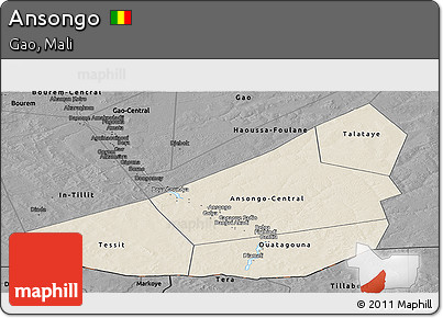 Shaded Relief Panoramic Map of Ansongo, darken, desaturated