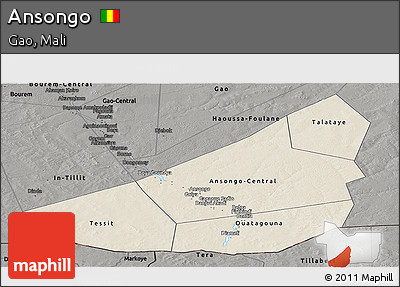 Shaded Relief Panoramic Map of Ansongo, darken, semi-desaturated