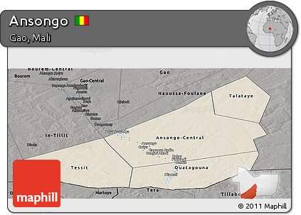 Shaded Relief Panoramic Map of Ansongo, darken, semi-desaturated