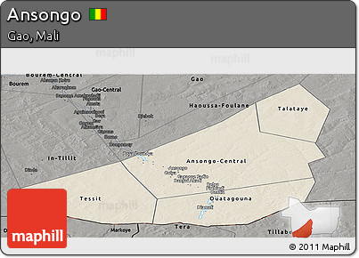 Shaded Relief Panoramic Map of Ansongo, darken, semi-desaturated