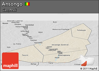 Shaded Relief Panoramic Map of Ansongo, desaturated