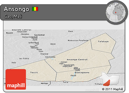 Shaded Relief Panoramic Map of Ansongo, desaturated