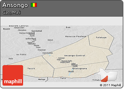 Shaded Relief Panoramic Map of Ansongo, desaturated