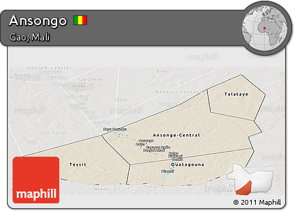 Shaded Relief Panoramic Map of Ansongo, lighten, semi-desaturated
