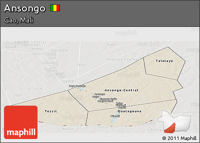 Shaded Relief Panoramic Map of Ansongo, lighten, semi-desaturated