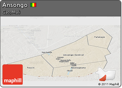 Shaded Relief Panoramic Map of Ansongo, lighten, semi-desaturated