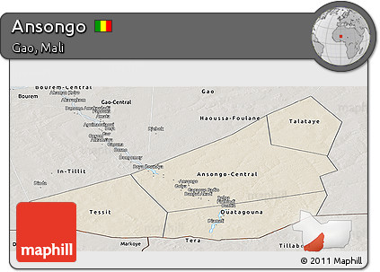 Shaded Relief Panoramic Map of Ansongo, semi-desaturated