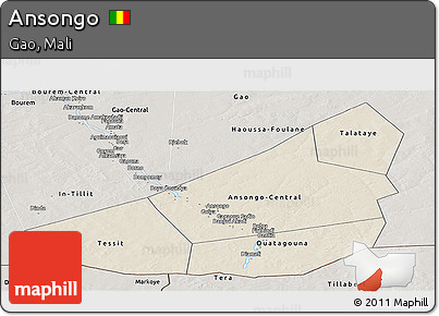 Shaded Relief Panoramic Map of Ansongo, semi-desaturated