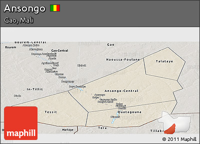 Shaded Relief Panoramic Map of Ansongo, semi-desaturated
