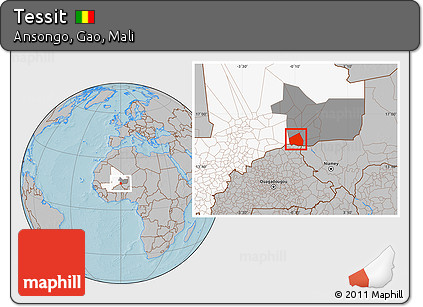 Gray Location Map of Tessit, highlighted country, highlighted grandparent region, hill shading