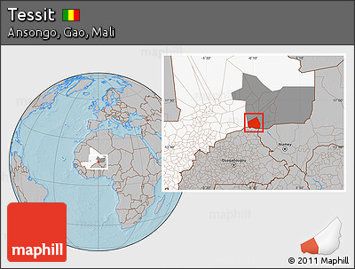 Gray Location Map of Tessit, highlighted country, highlighted grandparent region, hill shading