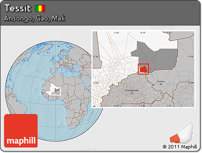Gray Location Map of Tessit, highlighted country, highlighted grandparent region, hill shading