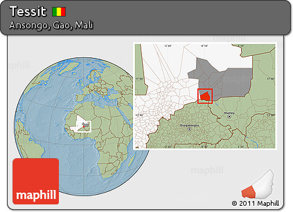 Savanna Style Location Map of Tessit, highlighted country, highlighted grandparent region, hill shading
