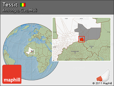 Savanna Style Location Map of Tessit, highlighted country, highlighted grandparent region, hill shading