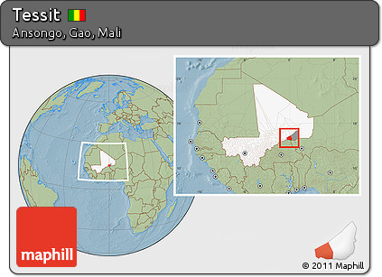 Savanna Style Location Map of Tessit, highlighted country, highlighted parent region, within the entire country, hill shading