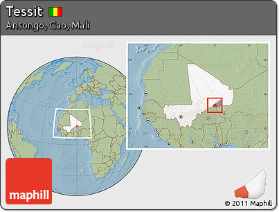 Savanna Style Location Map of Tessit, highlighted country, highlighted parent region, within the entire country, hill shading