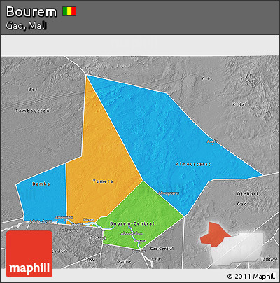 Political 3D Map of Bourem, desaturated