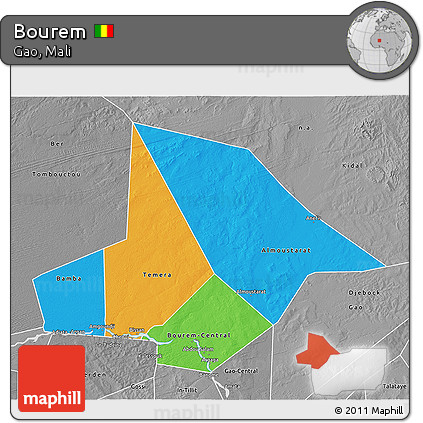 Political 3D Map of Bourem, desaturated