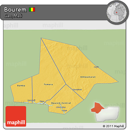 Savanna Style 3D Map of Bourem, single color outside