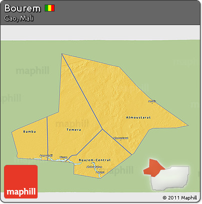 Savanna Style 3D Map of Bourem, single color outside