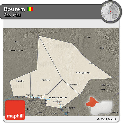 Shaded Relief 3D Map of Bourem, darken
