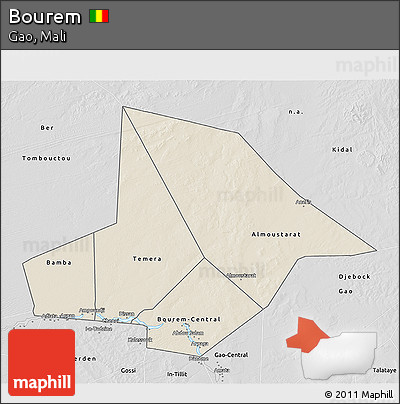 Shaded Relief 3D Map of Bourem, desaturated