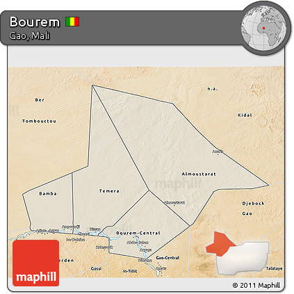 Shaded Relief 3D Map of Bourem, satellite outside