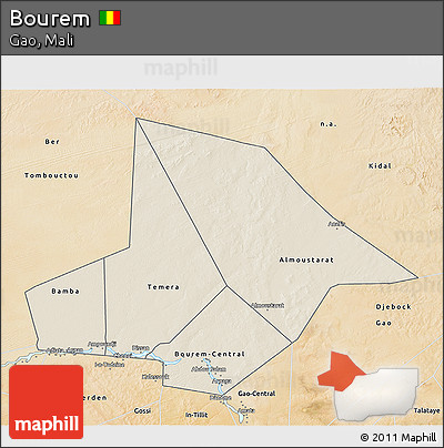 Shaded Relief 3D Map of Bourem, satellite outside