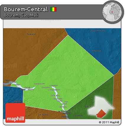 Political 3D Map of Bourem-Central, darken