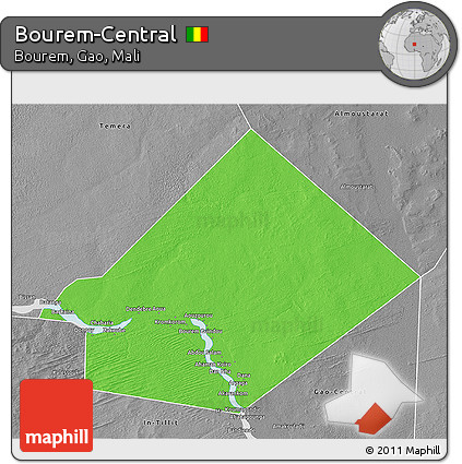 Political 3D Map of Bourem-Central, desaturated