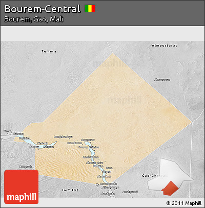Satellite 3D Map of Bourem-Central, desaturated