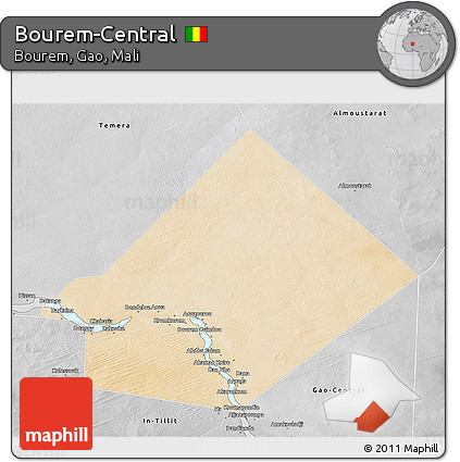 Satellite 3D Map of Bourem-Central, desaturated