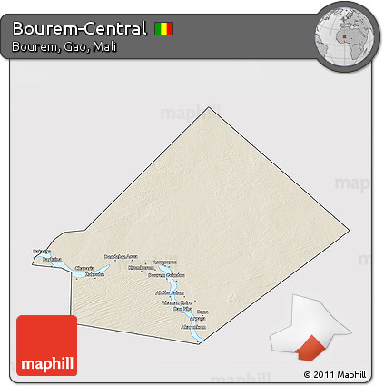 Shaded Relief 3D Map of Bourem-Central, cropped outside