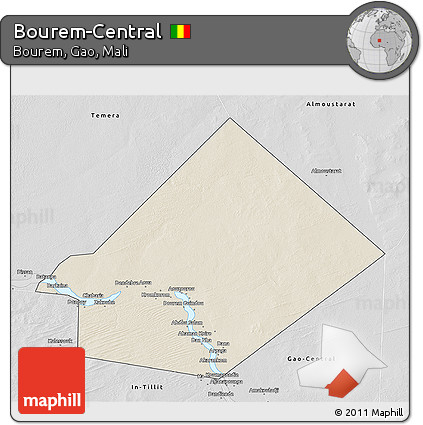 Shaded Relief 3D Map of Bourem-Central, desaturated