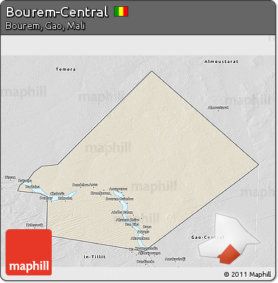 Shaded Relief 3D Map of Bourem-Central, desaturated