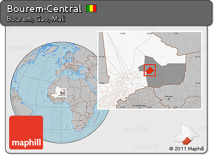 Gray Location Map of Bourem-Central, highlighted country, highlighted grandparent region, hill shading