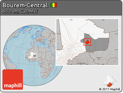 Gray Location Map of Bourem-Central, highlighted country, highlighted grandparent region, hill shading