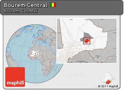 Gray Location Map of Bourem-Central, highlighted country, highlighted parent region, hill shading