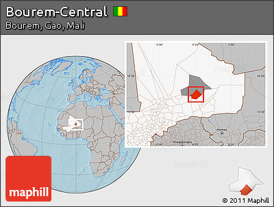 Gray Location Map of Bourem-Central, highlighted country, highlighted parent region, hill shading