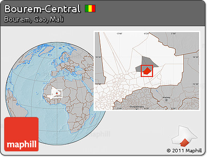 Gray Location Map of Bourem-Central, highlighted country, highlighted parent region, hill shading