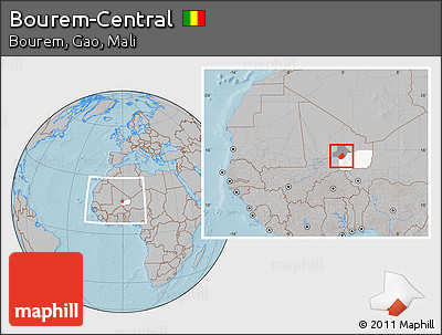 Gray Location Map of Bourem-Central, highlighted parent region, highlighted grandparent region, within the entire country, hill shading